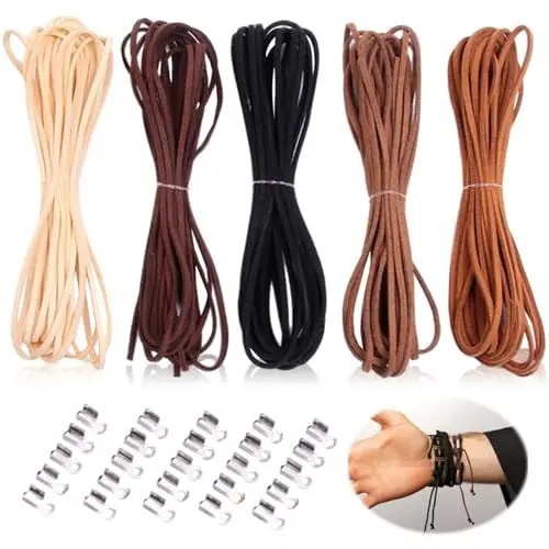 Produktbild: 5 Rollen 5M x 2.6mm Lederschnur, Veloursleder Band Faden Lederschnüre Lederband Kette mit 100 Clips Befestigt Faux Wildleder Schnur, Lederband Flach für DIY Armband Halskette Schmuck Handwerk