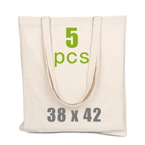 Produktbild: 5 STÜCK Stoffbeutel Unbedruckt - Stofftasche Zum Bemalen - Baumwolltasche B38 x H42 - Tragetasche Canvas 140 g/m2 Wiederverwendbare Jutebeutel - Einkaufstasche Lange Henkel 70cm - Einkaufsbeutel
