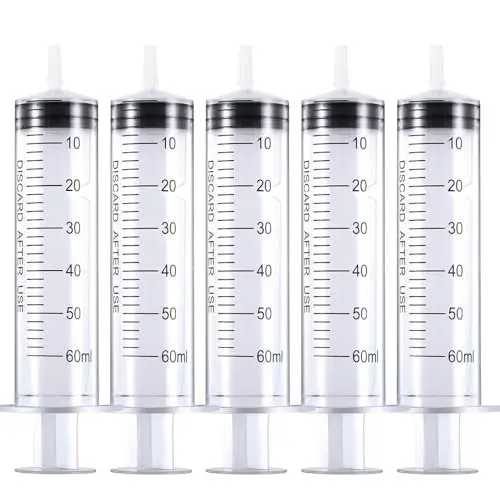 Produktbild: 5 Stück 60 ml Spritze, Kunststoffspritzen mit Deckel Steril Spritzen zum öl Bremsflüasigkeit, Plastikspritze in Einzelverpackung für Kleine Haustierfütterung Motoröl oder Bremsflüssigkeit