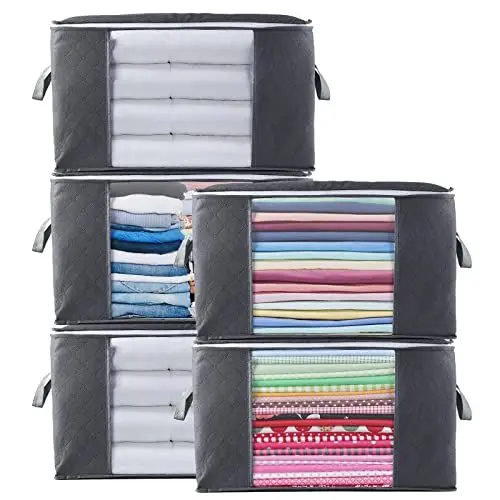 Produktbild: 5 Stück 90L Große Aufbewahrungstasche Schrank Organizer Set, Withosent Faltbar Kleideraufbewahrung mit Verstärkt Griff, Stabilem Reißverschluss für Kleidung, Bettwäsche, Bettdecken, Steppdecke