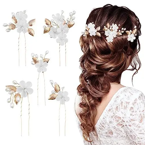 Produktbild: 5 Stück Braut Haarschmuck, Blumen Perlen Brautschmuck Haare, Hochzeit Haarspangen für Mädchen, Damen(Gold)