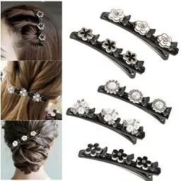 Produktbild: 5 Stück Haarspange mit 3 Clips Kolibri Haarspange mit Kristallblume Geflochtene Haarspange für Damen Frauen Mädchen Modische Doppelschicht Haarklammer Entenschnabel Haarspange