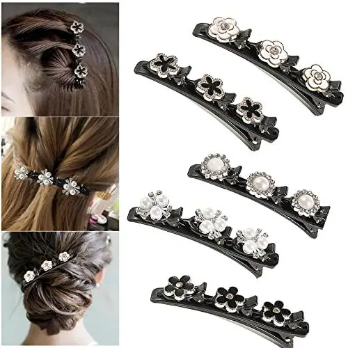 Produktbild: 5 Stück Haarspange mit 3 Clips Kolibri Haarspange mit Kristallblume Geflochtene Haarspange für Damen Frauen Mädchen Modische Doppelschicht Haarklammer Entenschnabel Haarspange