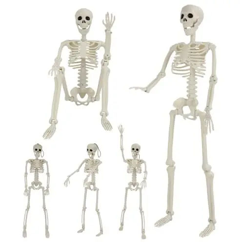 Produktbild: 5 Stück Halloween Deko Skelett, 2 Stück 90cm Halloween Skelett mit 3 Stück 40cm Skelett Deko, Ganzkörper Skelett mit beweglichen Gelenken für Halloween Außen Innen und Spukhaus Dekorationen