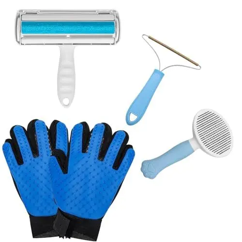 Produktbild: 5 Stück Haustier Bürsten set,Möbel Haustier Haar Entferner Mitt*2,Hunde Katzen Bürste für Langhaar/Kurzhaar,Tierhaarentferner Fusselrolle für Sofa,Bett,Wiederverwendbarer Doppelter Fusselentferner