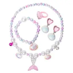 Produktbild: 5 Stück Meerjungfrau Schmuck für Mädchen,Meerjungfrau Kinder Schmuck mit Halskette, Ringe, Armbänder, Ohrring, Armbänder,Meerjungfrau-Prinzessin-Schmuck für Mädchen Party Dress up Geburtstagsgeschenk
