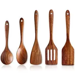 Produktbild: 5 Stück Pfannenwender Holz Mit Loch Küchenutensilien Set Holzlöffel Kochen Besteckhalter Kuechenhelfer Set Suppenlöffel Groß Pfannenwender Salatbesteck Olivenholz Kochlöffel Geschenke Kochutensilien