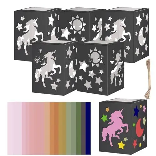 Produktbild: 5 Stück St Martin Laternen Bastelset Einhorn 19 * 14 * 14cm Laternen Rohlinge Sonne Mond Sterne mit 10 Stück Bunt Papierlaternen Weiß Transparentpapier mit Hanfseil Laternenlauf für Sankt Martinszüge