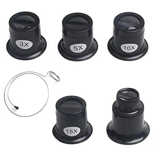 Produktbild: Kettion 5 Stück Uhrmacherlupe 3x/5x/10x/15x/20x Juwelierlupe Mit Lupe Stahlring Uhrmacher Auge Okular, Lupenbrille Monokular für Schmuck Diamanten Uhr