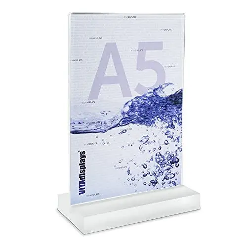Produktbild: 5 Stück VITAdisplays DIN A5 Werbeaufsteller mit massiver, satinierter PLEXIGLAS Basis, T-Ständer, T-Aufsteller als Tischaufsteller