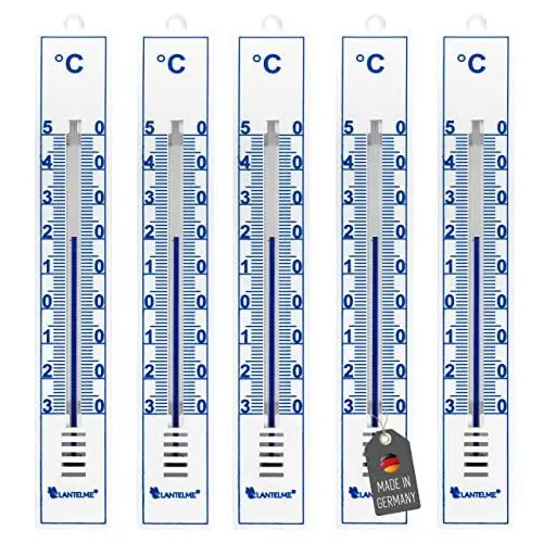 Produktbild: Lantelme 5 Stück Außenthermometer Set 17cm lang Farbe weiß | Temperaturanzeige Analog von -30 bis +50°C | Thermometer mit Kunststoffgehäuse Wetterfest | auch für Innen, Außen, Garten, Keller, Balkon