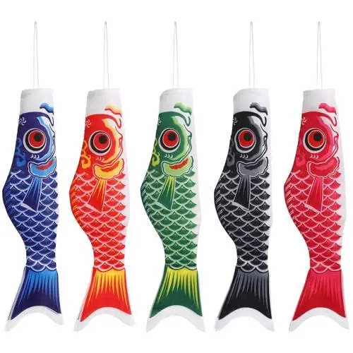 Produktbild: 5 Stücke Japanische Karpfen Flagge Fisch Koinobori Windsack Japanische Zimmer Dekoration Sushi Restaurant Deko Anhänger Wind Streamer Banner Japan Fahne Gartendeko Outdoor Terrassen Garten Hängedeko
