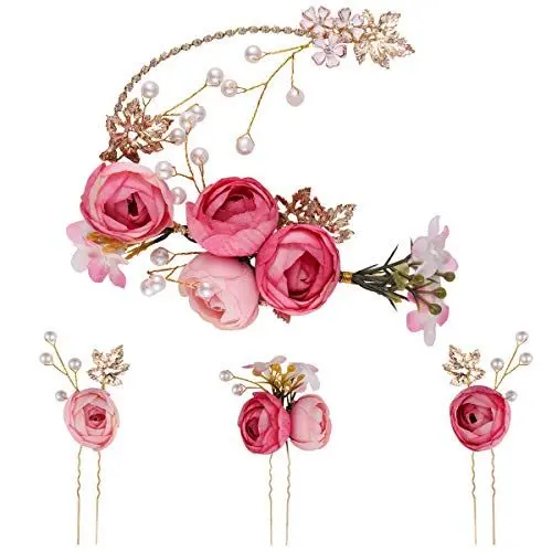 Produktbild: 5 Stücke U-förmige Rose Haarnadel Französisch Seitenkämme Haarspangen Hochzeit Zubehör für Braut Brautjungfer (Rosa)