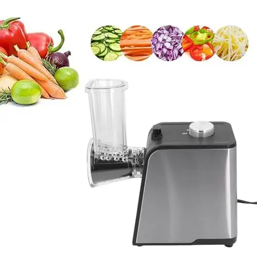 Produktbild: 5 in 1 Elektro Gemüseschneider, Elektrischer Hobel, Käsereibe, Gemüseschneider, Obstschneider, Hacker, Salatzubereiter für Zwiebeln, Kartoffeln, Salat, Käse (EU-Stecker 220 V)
