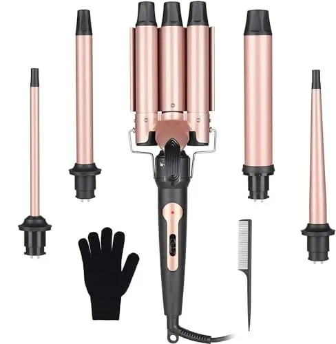 Produktbild: 5 in 1 Lockenstab Set mit 3 Fässer Beach Waves Welleneisen für Haare Große Kleine Locken mit Verschiedenen Lockenstäbe Aufsätzen Keramik Turmalin Beschichtung Curling Iron für Lange kurze Haare