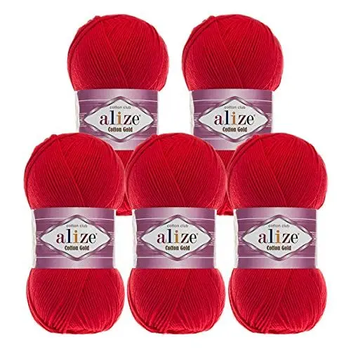 Produktbild: 5 x 100g Strickgarn Alize Cotton Gold Uni Klassikgarn Häkelgarn Strick-Wolle Farbwahl, Farbe:56 rot
