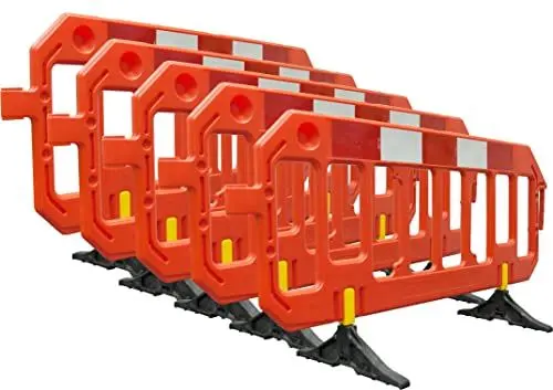 Produktbild: 5 x Schrankenzaun mobiles Absperrgitter Orange UVMS9080 Kunststoff HD-PE 2 m x 1,0 m mit drehbaren Füßen, reflektierende Folie RA1 (100 mm) (5)
