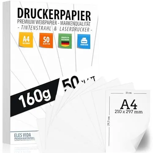 Produktbild: 50 BLATT Weißes Druckerpapier A4 160g weiß – PREMIUM PAPIER Reinweiß - DIN A4-21 x 29,7 cm - Zeichenpapier dick,unbedruckt für Uni, Fotografie, Präsentationen, Basteln, hochwertiges Bewerbungspapier