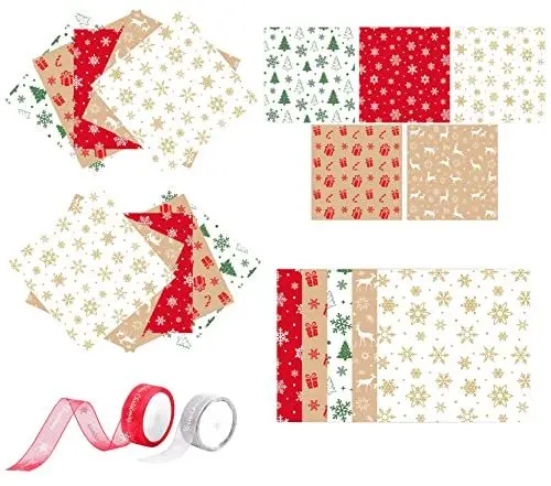Produktbild: 50 Blatt Weihnachtsmuster Papierset 50x50cm Weihnachten Scrapbooking Papier Dekopapier Weihnachtsgeschenkpapier Geschenkverpackung für Xmas Weihnachten Papier mit 2 Rollen Weihnachtsband