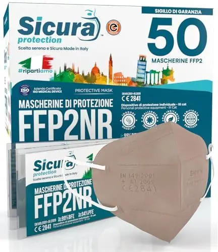 Produktbild: 50 FFP2 Masken CE zertifiziert Farbig TURTELTAUBEN SICURA Italien BFE ≥99% Made in Italy sanitisiert und einzeln versiegelt FFP2 Masken