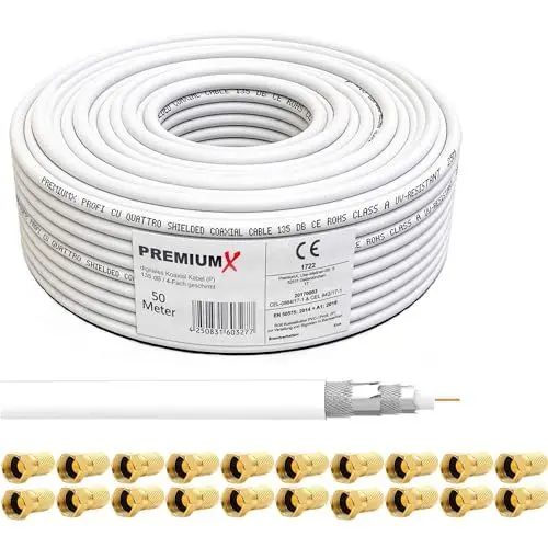 Produktbild: 50 Meter PremiumX DELUXE Koaxial Kabel 130dB 4-Fach geschirmt, Innenleiter 1,02mm REINES Kupfer SAT Antennenkabel 50m 130 dB 135 120 50 + 20x F-Stecker 7,5mm (0,68EUR/M)