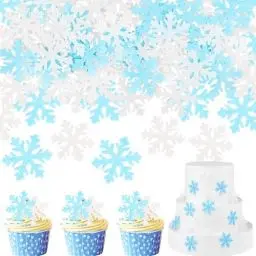 Produktbild: 50 PCS Essbare Schneeflocken Tortendeko, Esspapier Weihnachten Cupcake Topper, Schloss Schneeflocke Tortendeko für die Winterkuchen Dekoration(Blau + Weiß)