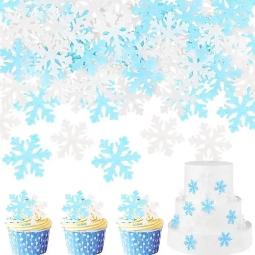 Produktbild: 50 PCS Essbare Schneeflocken Tortendeko, Esspapier Weihnachten Cupcake Topper, Schloss Schneeflocke Tortendeko für die Winterkuchen Dekoration(Blau + Weiß)