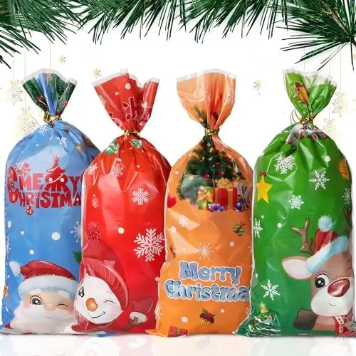 Produktbild: 50 Stück 4 Designs Weihnachten Geschenktüten Weihnachtsmann Elch Süßigkeiten Tüten Candy Bags Weihnachtstüten Bonbontüten Partytüten Zellophantüten Dekoration Geschenke für Partys Süßigkeitentüten