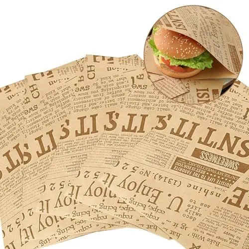 Produktbild: 50 Stück Deli Wrap Papier, 18x18 cm Pommes Burger Blätter, Laminierfolie Lebensmittel Wrap Papier, Sandwich Speisetüten Partytüten Hamburgertasche Snacktasche Dönertaschen Snackbeutel Oldnews