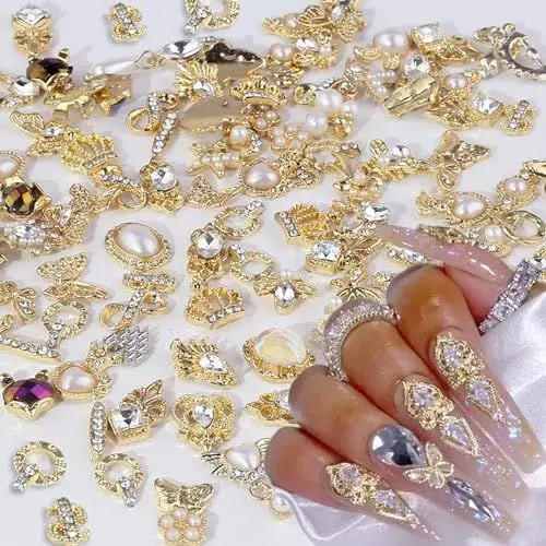 Produktbild: 50 Stück Gold Nail Charms Mix Styles Luxus Strasssteine Nägel Perle Legierung Blume Schmetterling Nail Art Charms Metall Nagel Schmuck Glitzersteine Nägel Charms DIY Nail Art Zubehör Frauen Nägel Deko