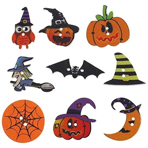 Produktbild: EXCEART 50stücke Bunte Holzknöpfe Halloween Dekoration Umweltfreundliche Holzornamente Für Nähen Basteln Und Kostüme Mit Kürbis Eule Und Hexenmuster