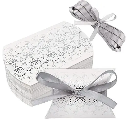 Produktbild: 50 Stück Hochzeit Gastgeschenk Kartonage Box - Pralinenschachtel Geschenkboxen - Geschenkverpackung Tüten - mit 50 Stück Bänder für Hochzeit