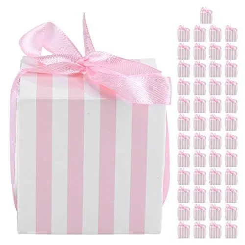 Produktbild: 50 Stück Hochzeits-Party-Geschenkboxen, Mini-Hochzeits-Geschenkboxen, Party-Hochzeits-Geschenkboxen mit Schleife, Geschenk-Box, Süßigkeiten-Boxen,(Rosa-weiße Streifen + Vermicelli-Gürtel)