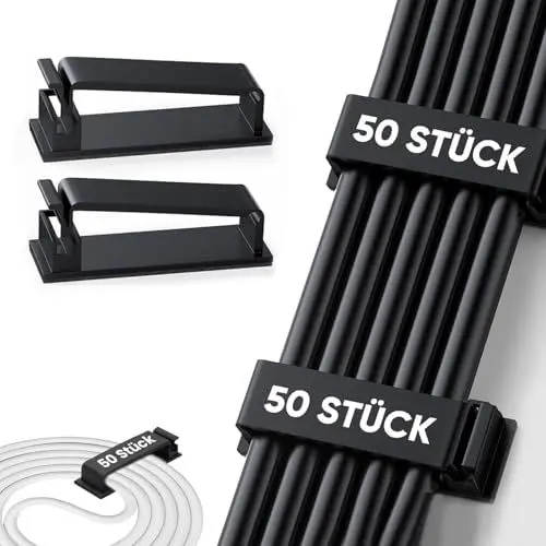 Produktbild: 50 Stück Kabelmanagement Selbstklebende, Kabelhalter Kabel Clips Stark Kabel Organizer Selbstklebend für Schreibtisch, Heim, Büro, TV, PC,Ethernet Kabel, Laptop (Schwarz)