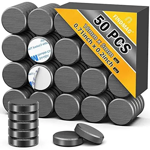 Produktbild: 50 Stück Kühlschrankmagnete, Magnete zum Basteln, Magnete mit selbstklebender Rückseite, Keramikmagnete, Whiteboard Magnete, runde Scheibenmagnete für Kühlschrank – Durchmesser 18 mm x Dicke 5 mm