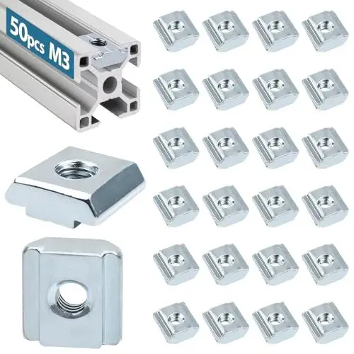 Produktbild: 50 Stück Nutensteine M3, Leryati Nutsteine Set T-Nut Kohlenstoffstahl Nutenstein, T-nutensteine lang Aluminiumprofil-Extrusionsschlitz Nutensteine Nut 6 - Typ B Standard 20-Serie