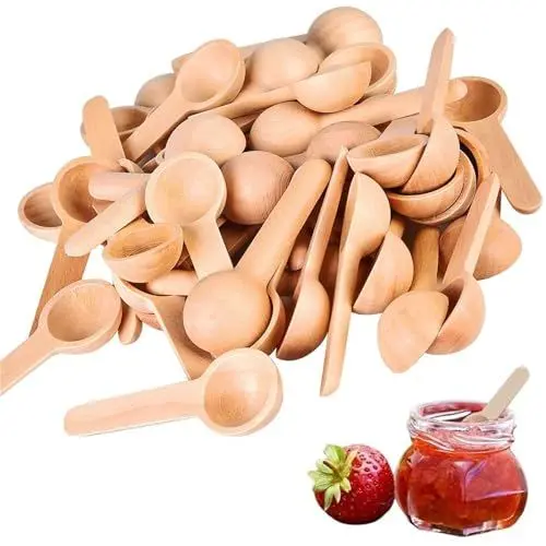 Produktbild: 50 Stück Runder Holzlöffel Klein, Runder Gewürzlöffel, Mini Holzlöffel mit Kurzem, Umweltschutz Mehrzweck-Holzlöffel, für Gewürze, Honig, Kaffee, Salz, Marmeladengläser, Zucker