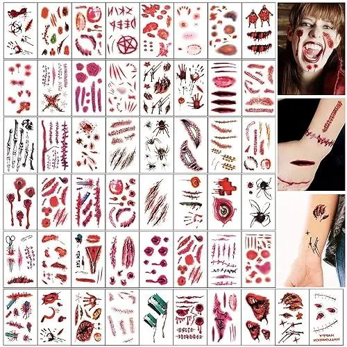 Produktbild: 50 Stück Tattoo Aufkleber Narben Fake Tattoos Aufkleber Halloween Tattoos zum Aufkleben Temporäre Halloween Schminke für Halloween Kostüme Zombie Schminke Rollenspiel Party