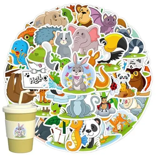 Produktbild: 50 Stück Tiere Aufkleber Set, Wasserfest Cartoon Wald Tier Aufkleber, Niedliche Sticker Kinder Set, Lustige Tiermuster Sticker für Wasserflaschen, Scrapbook, Laptop, Skateboard, Handytaschen, Koffer