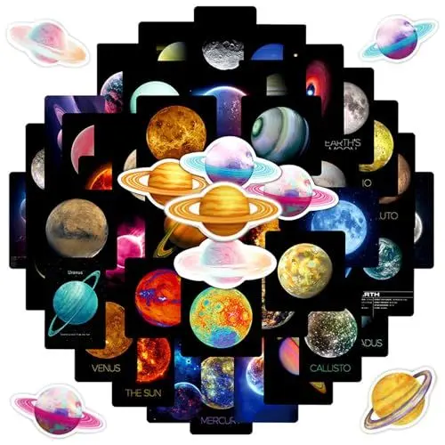 Produktbild: 50 Stück Weltraum Planeten Aufkleber, 4-7 cm Weltraum Sterne Sticker, Vinyl Wasserdicht Planeten Sticker, für Laptop Skateboard Gepäck Fahrrad Wasserflasche Computer Jungen Kinder Universum