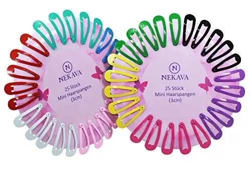 Produktbild: 50 Stück bunte Mini Haarspangen von Nekava in 10 Farben. Ideal für Mädchen, Kinder und Damen. Haarclips werden in schönem Design geliefert. Haarspange klein (3cm)