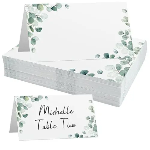 Produktbild: 50 Stück tischkarten hochzeit, tischkarten für Sitzordnung und Tischdekoration, Elegantes Design platzkarten für Hochzeit, Beschriften, Taufe, Kommunion und weitere Feiern (Grün Eucalyptus)