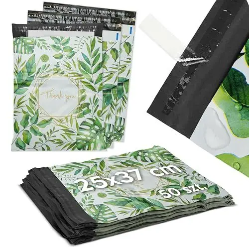 Produktbild: 50 Versandbeutel Plastik Versandtaschen selbstklebend und blickdicht Versandtüten aus Plastik (THANK YOU GRÜNE BLÄTTER 255x370mm)