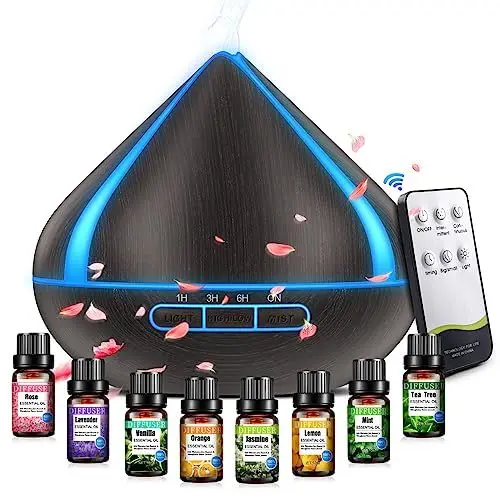 Produktbild: 500 ML Diffuser Für Ätherische Öle Mit 8 Ölen, Aromatherapie-Diffuser Mit Fernbedienung, 4 Timer, Automatische Wasserlose Abschaltung Für Großer Raum Schwarz