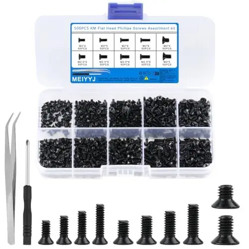 Produktbild: 500 Stk M2 M2.5 M3 Schrauben Set, Senkkopfschrauben, Flachkopfschrauben, Maschinenschrauben Sortiment, Gewindeschrauben Set für Computer Laptop PC Reparatur