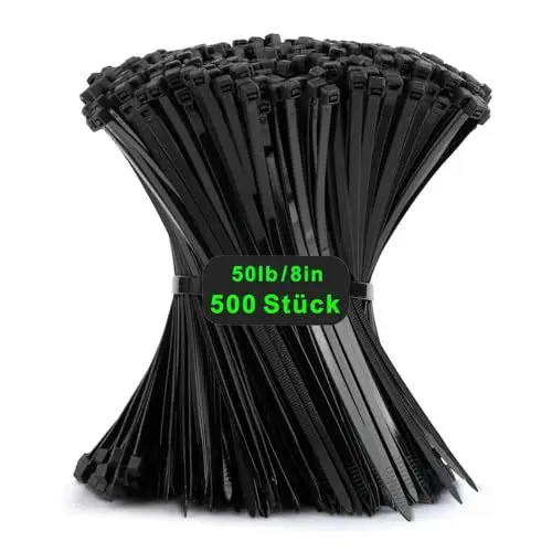 Produktbild: 500 Stück Kabelbinder Schwarz, 200mm x 4,8mm Nylonbinder, Cable Ties Zugfestigkeit mit 22 kg, Uv Beständig Kabel binder Zip, Selbstsicherndes Industrie Cable Ties fur Kabelmanagement