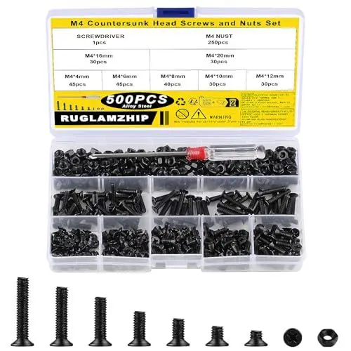 Produktbild: 500 Stück M4 Schrauben Set, M4 Senkkopfschrauben Muttern Set, Flachkopf Kreuzschlitzschrauben und Muttern Sortiment Kit, Schwarz Maschinenschrauben Set für DIY Computer PC Reparaturschrauben