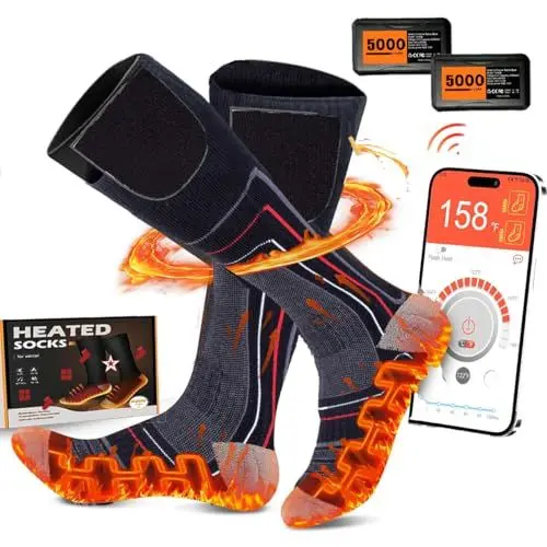 Produktbild: 5000mAh wiederaufladbare beheizte Socken für Männer Frauen, APP gesteuerte Ski Socken, maschinenwaschbare Thermal Socken für Skifahren, Jagd, Angeln, Reiten