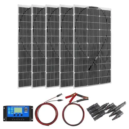 Produktbild: 500W 18V Flexibles Solarmodul Set Solarpanel Kit 5 Stück 100W Monokristallin Off Grid Module 50A Solarladeregler zum Laden von 12V Batterien für Wohnmobile, Wohnwagen, Boote, Dächer