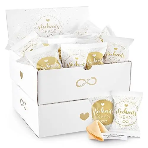 Produktbild: 50er Box Hochzeits-Kekse (2 x hübsche 25er Aufsteller) | Glückskeks Hochzeiten als Hochzeitsdeko oder für die Candybar| frisch gebackene und vegane Idee für jeden Weddingplanner & made in Germany